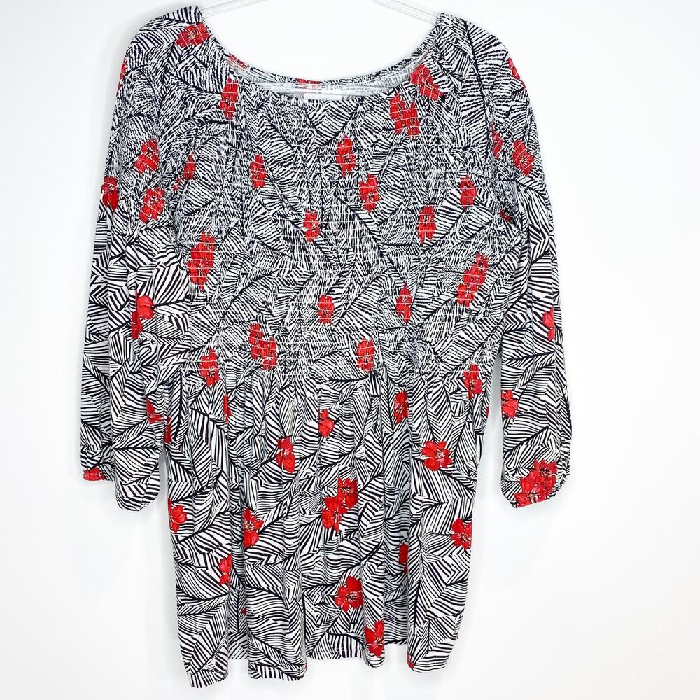 J Jill‎ Womens Size XL Ruched Blouse Top Floral Leaf Print Black Red 3/4 Sleeves